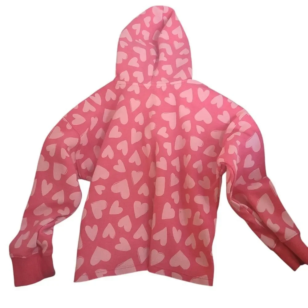 Old Navy Hoodie Pink Hearts Kids Semi-Cropped‎ Fleece-Lined Size Med